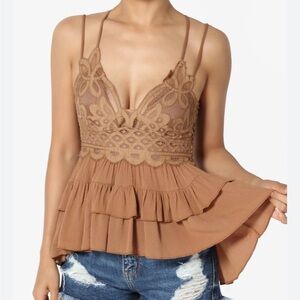 Zenana Lace-Trim Ruffled Spaghetti Strap Peplum Top in brown